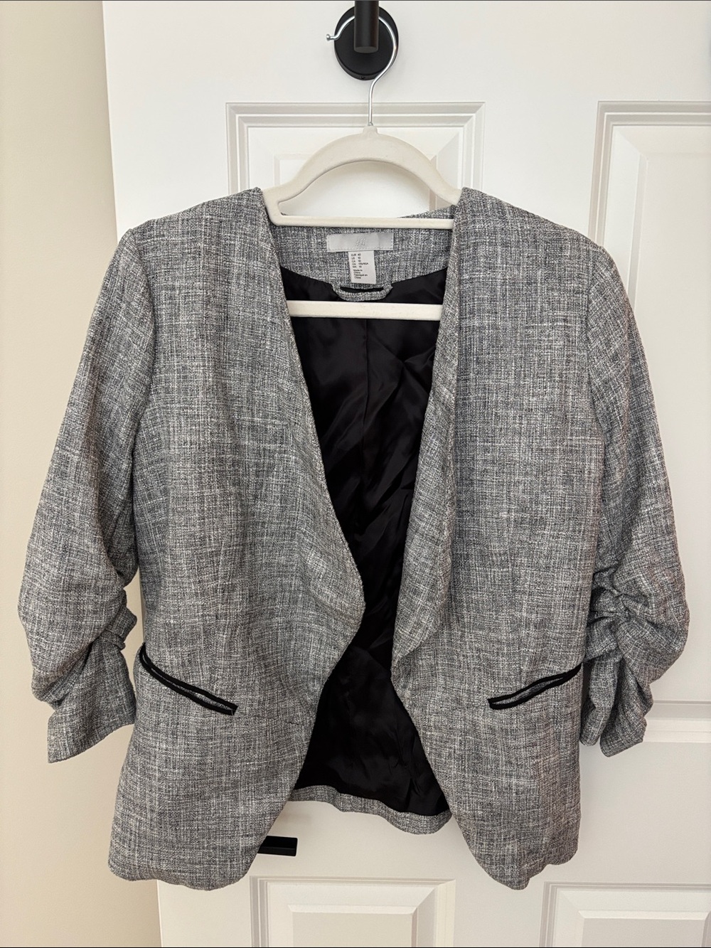 H&M Grey Textured Open-Front Blazer with Ruched Sleeves